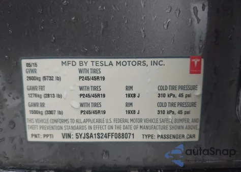 2015 Tesla Model S 70D/85D/P85D z USA, uszkodzony, nr VIN 5YJSA1S24FF088071